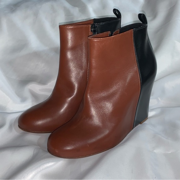 CELINE size 37.5 black/brown color block 2tone CALFSKIN platform wedge BOOTIES - Picture 8 of 16
